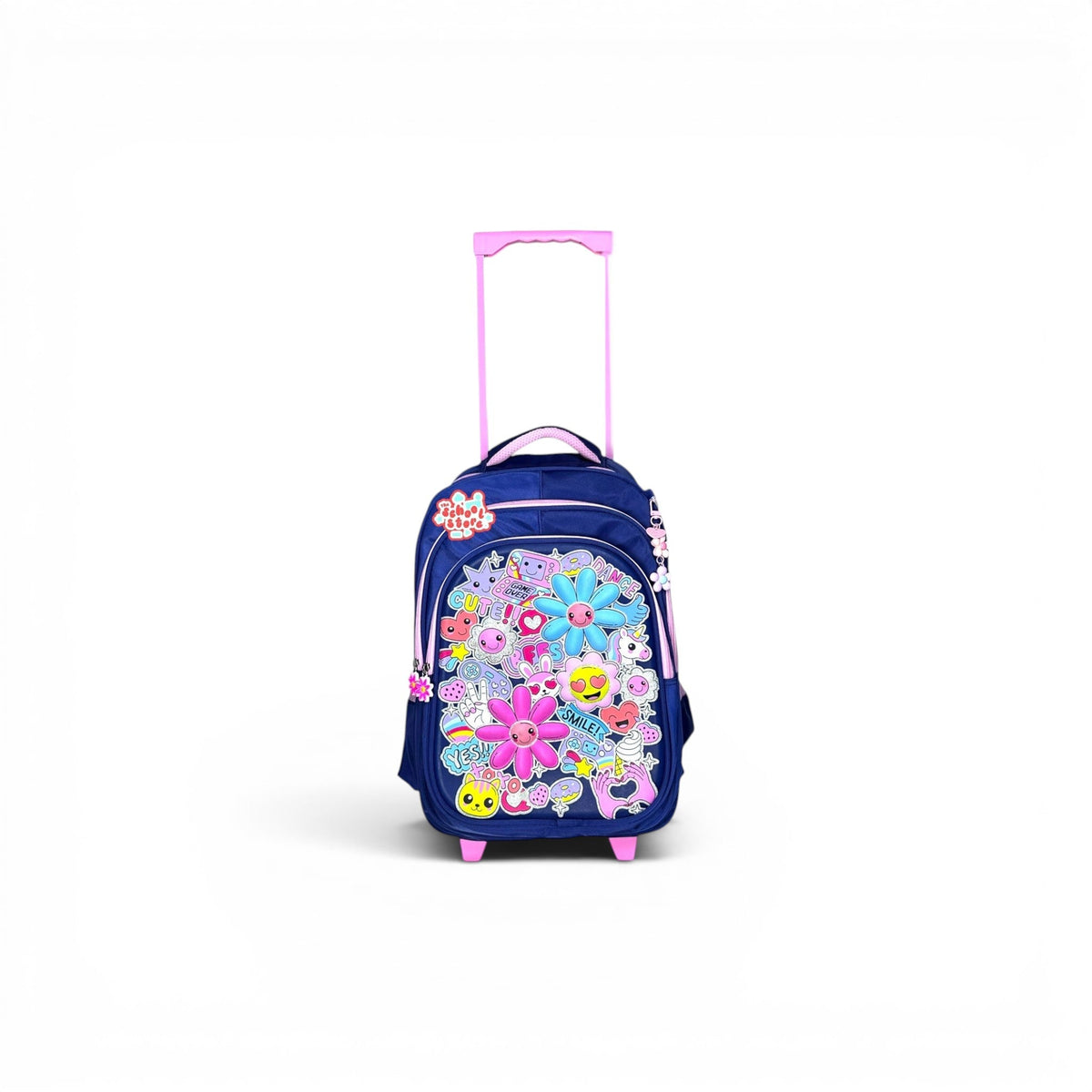 16 Inch 3D Pink Floral Trolley Bag For Grade 1 Till 3 Girls ( With Keychain ) T-2616
