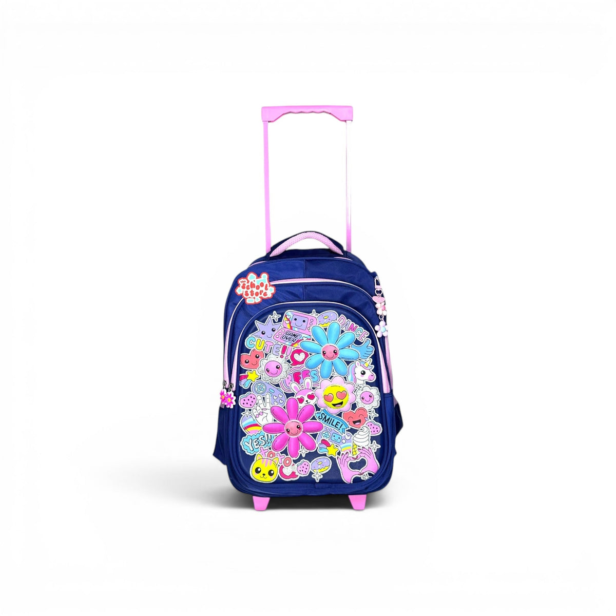 18 Inch 3D Pink Floral Trolley Bag For Grade 4 Till 8 Girls ( With Keychain ) T-2618