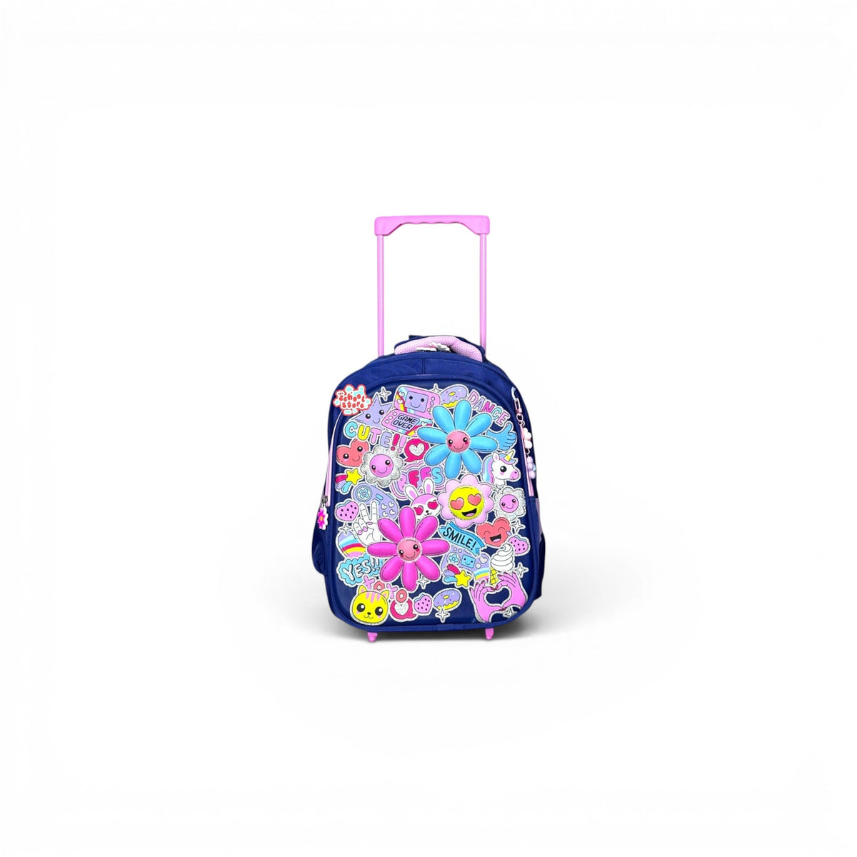 14 Inch 3D Pink Floral Trolley Bag For Nursery Till KG Girls ( With Keychain ) T-2614