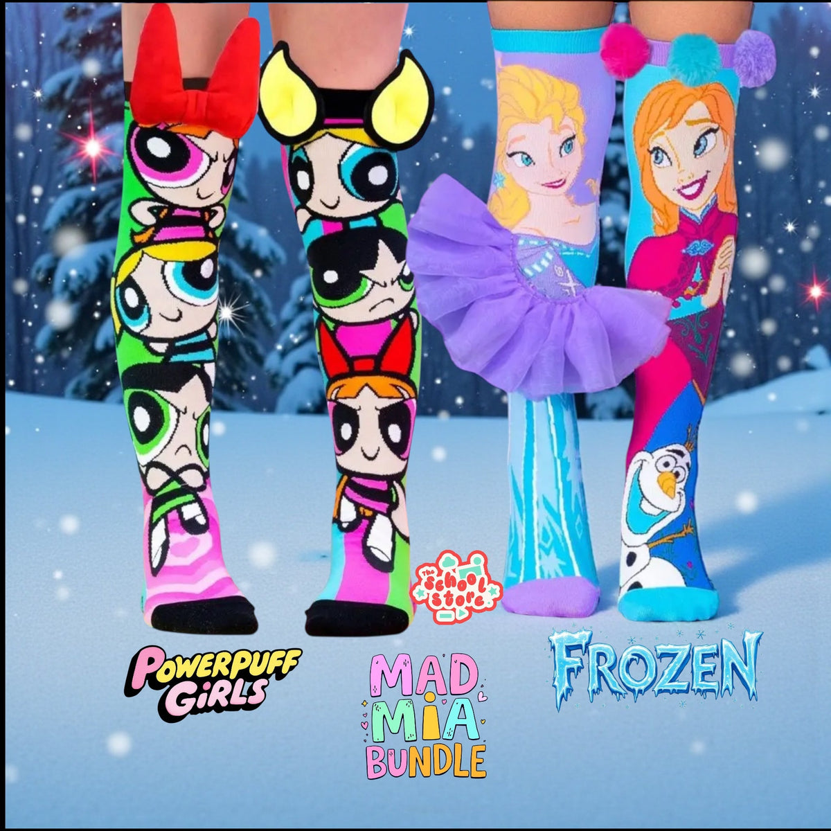 Frozen X Power Puff Girl 3D Socks Mad Mia Bundle ( Free size Fits All )