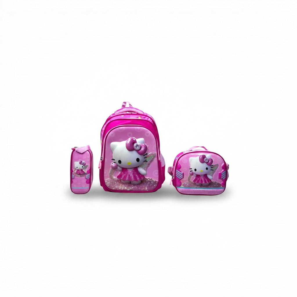 16 Inch 3D Hello Kitty 3 PCS School Bag For Class 1 Till 3 Girls 2368