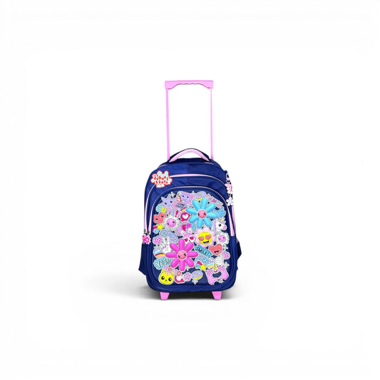 16 Inch 3D Pink Floral Trolley Bag For Grade 1 Till 3 Girls ( With Keychain ) T-2616