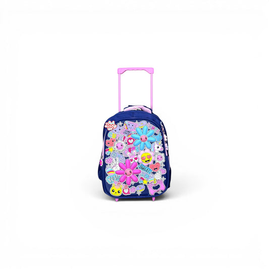 14 Inch 3D Pink Floral Trolley Bag For Nursery Till KG Girls ( With Keychain ) T-2614